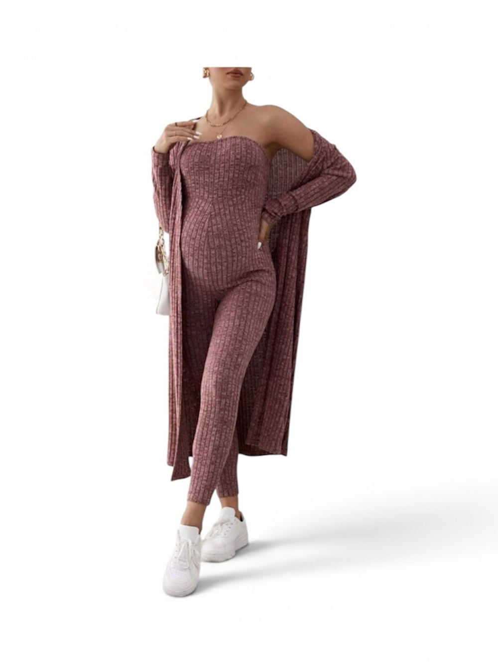 Ribbed Strapless maternity Jumpsuit & matching long cardigan Set - Mauve